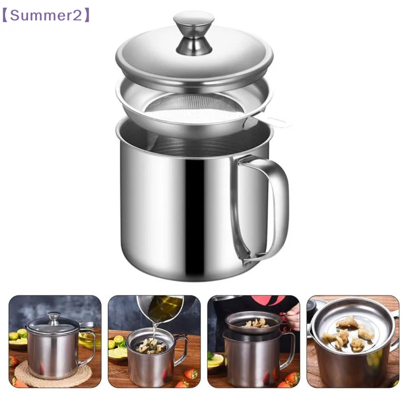 【Xia2】1.3L Stainless Steel Oil Filter Pot Kitchen Oil Container Can With Fine Mesh Strainer For Frying Oil Storage Reuse{S} view 2