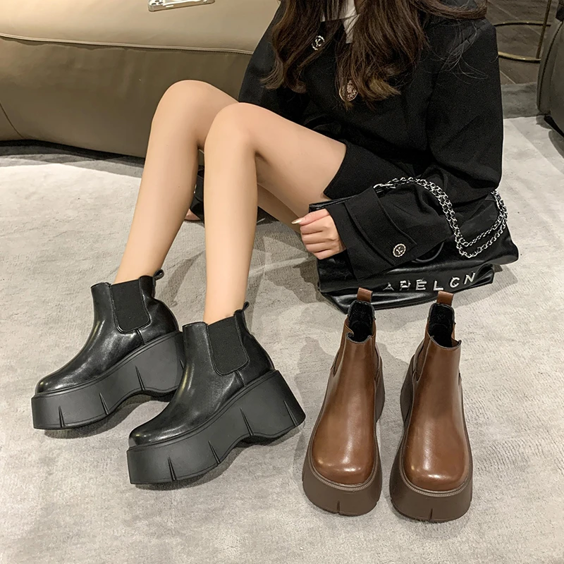 Rock Shoes Woman White Mid-Calf Boots Lace Up Winter Footwear Flat Heel Round Toe Boots-Women Low Ladies Lolita Med Rubber 2023