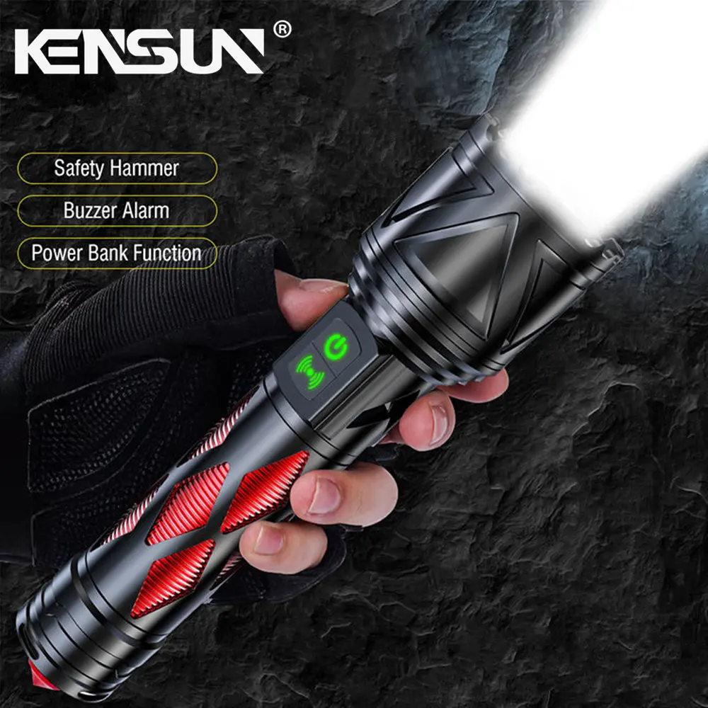 Boruit High Power 5000 Lumens Super Strong Flashlight Led 500m Zoomable Torch With Power Bank Hammer Beep Alarm