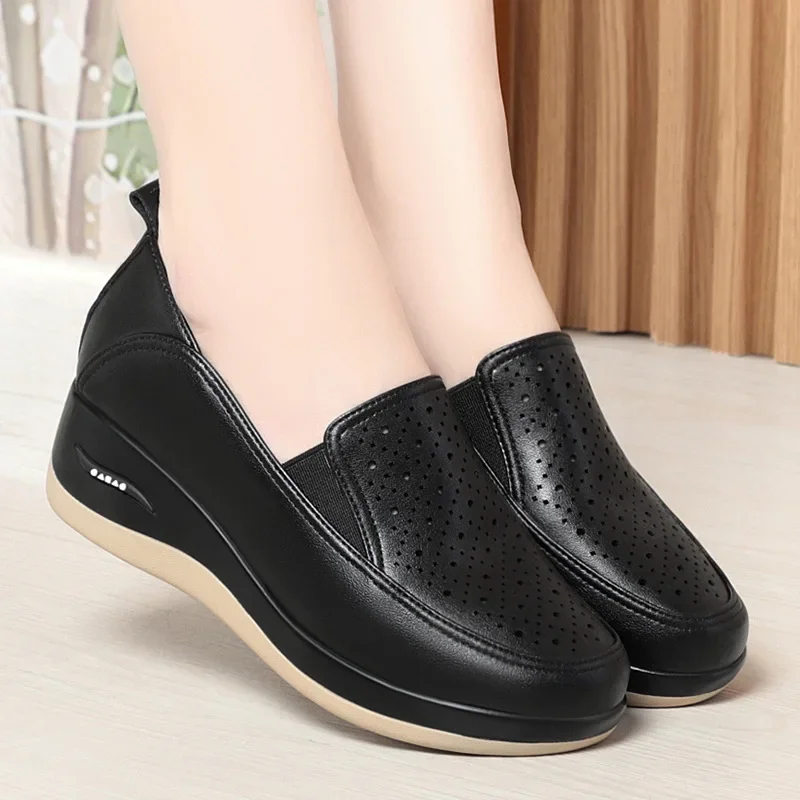 4.5cm Breathable Comfortable Shallow Cutout Soft Leather Shoes Women Loafers 2024 Summer Platform Wedges Shoes for Office Mom