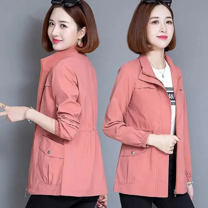 

Mom Outfit Spring and Autumn New Stand Collar Jacket Solid Color Zipper Pockets Leisure Appears Thin Versatile Long-sleeved Coat