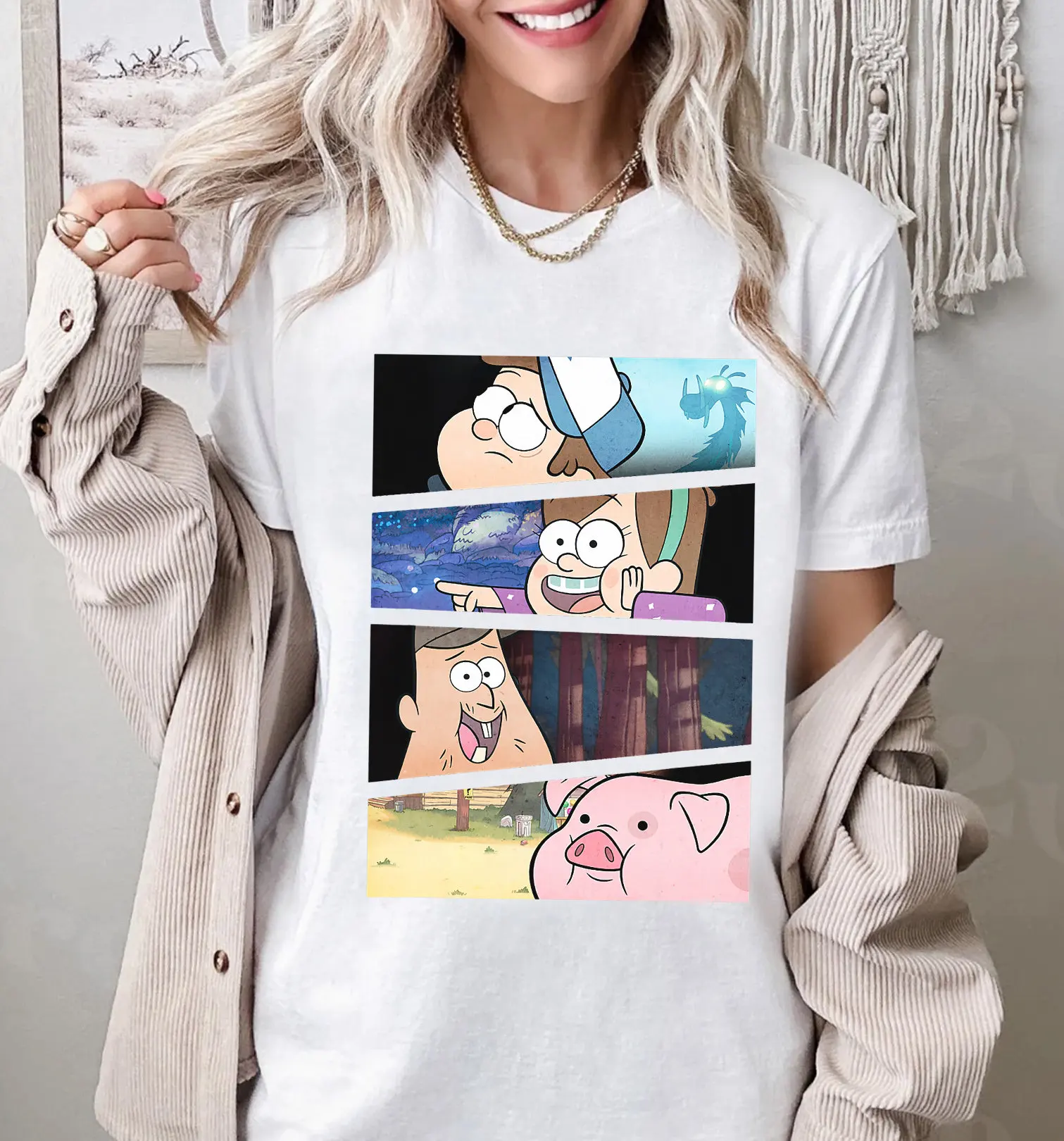 تي شيرت Disney Gravity Falls Group Shot Split Panel Scene Logo، قميص Disney Mabel and Dipper، قميص Disneyland Family Matching #2