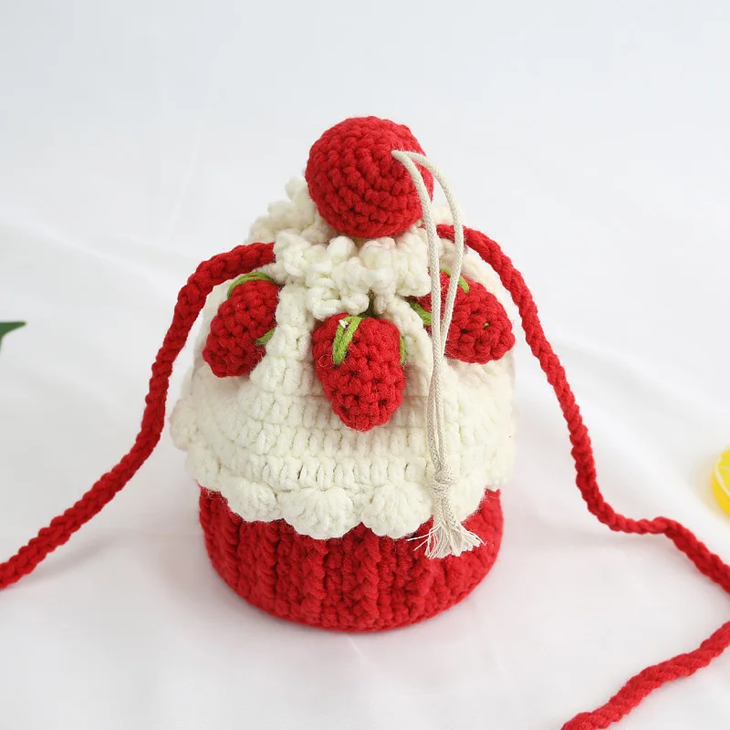 Novelty Strawberry Crossbody Bag Cartoon Sling Purses Pure Handmade Knitted DIY Personalized Crochet Wool Oblique Satchel Bag