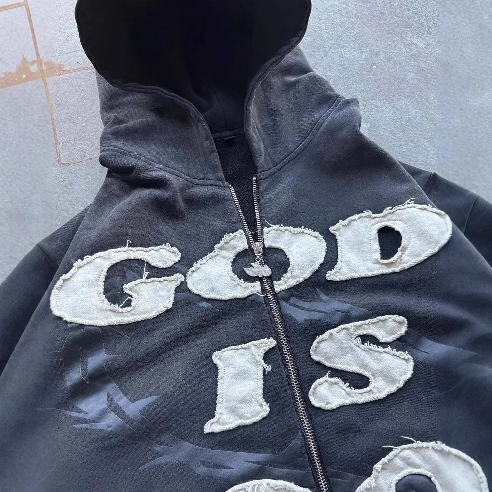 Bluza streetwear hip-hop z haftem God Is Good, szydełkowana, zapinana na zamek, luźny krój, dla par, casualowa bluza z kapturem.