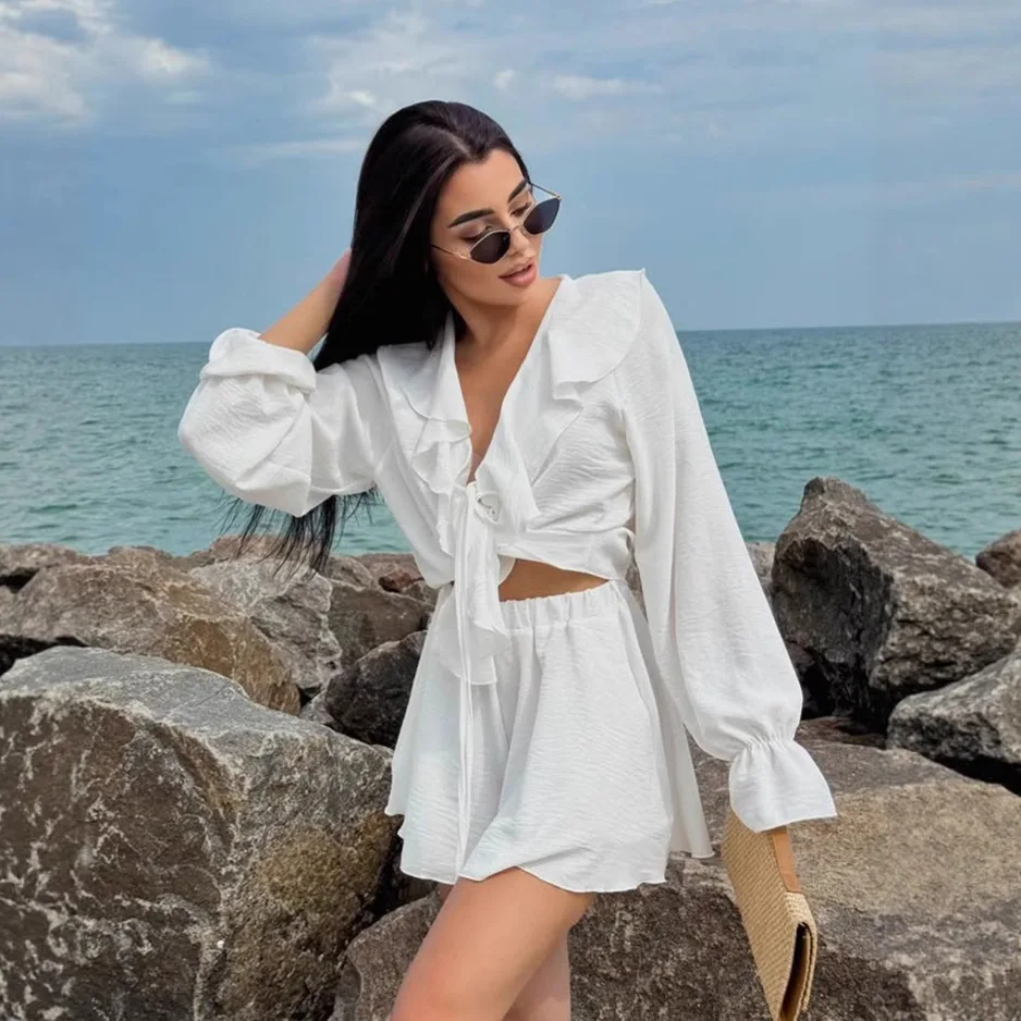

Fashion Summer Women Sets Solid V-Neck Regular Long Sleeves 2Pcs(Tops+Shorts) Fit Ruffle Edge Cool Suits Female Tracksuit