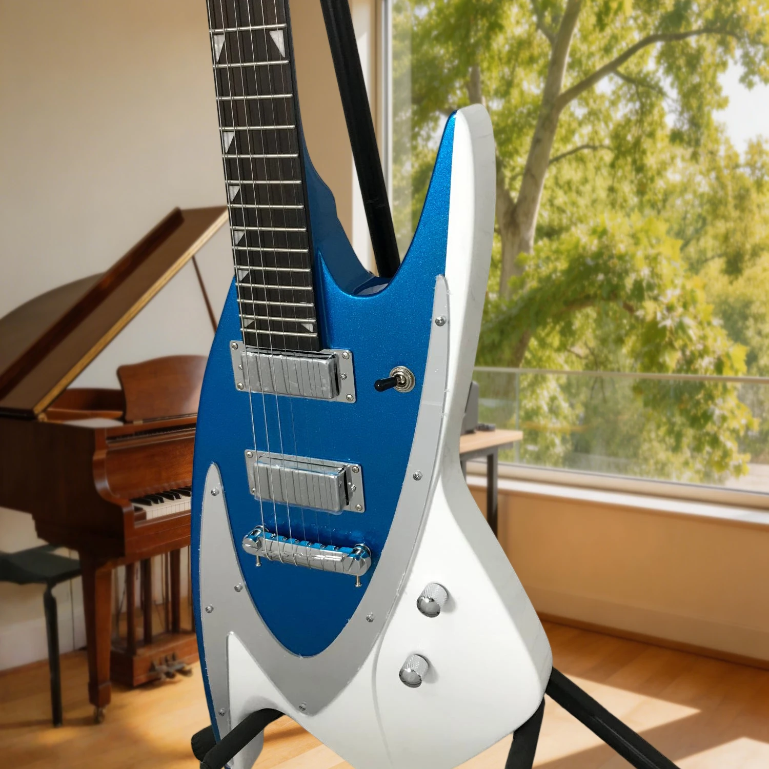 Electric Guitar Sharp Shark-Fin Body Contour  Blue White Contrast Finish  Highly Recognizable Space-Age Aesthetics Future Retro.