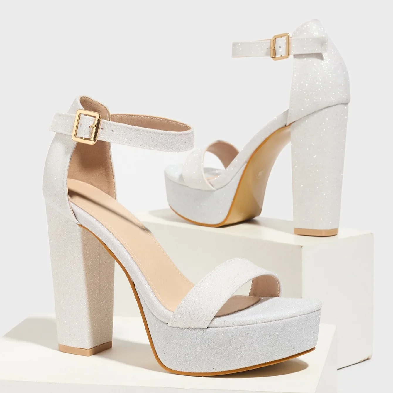 

Aneikeh/Модные женские сандалии из ткани с блестками и открытым носком, летние вечерние туфли на высоком квадратном каблуке на массивной платформе с пряжкой и ремешком