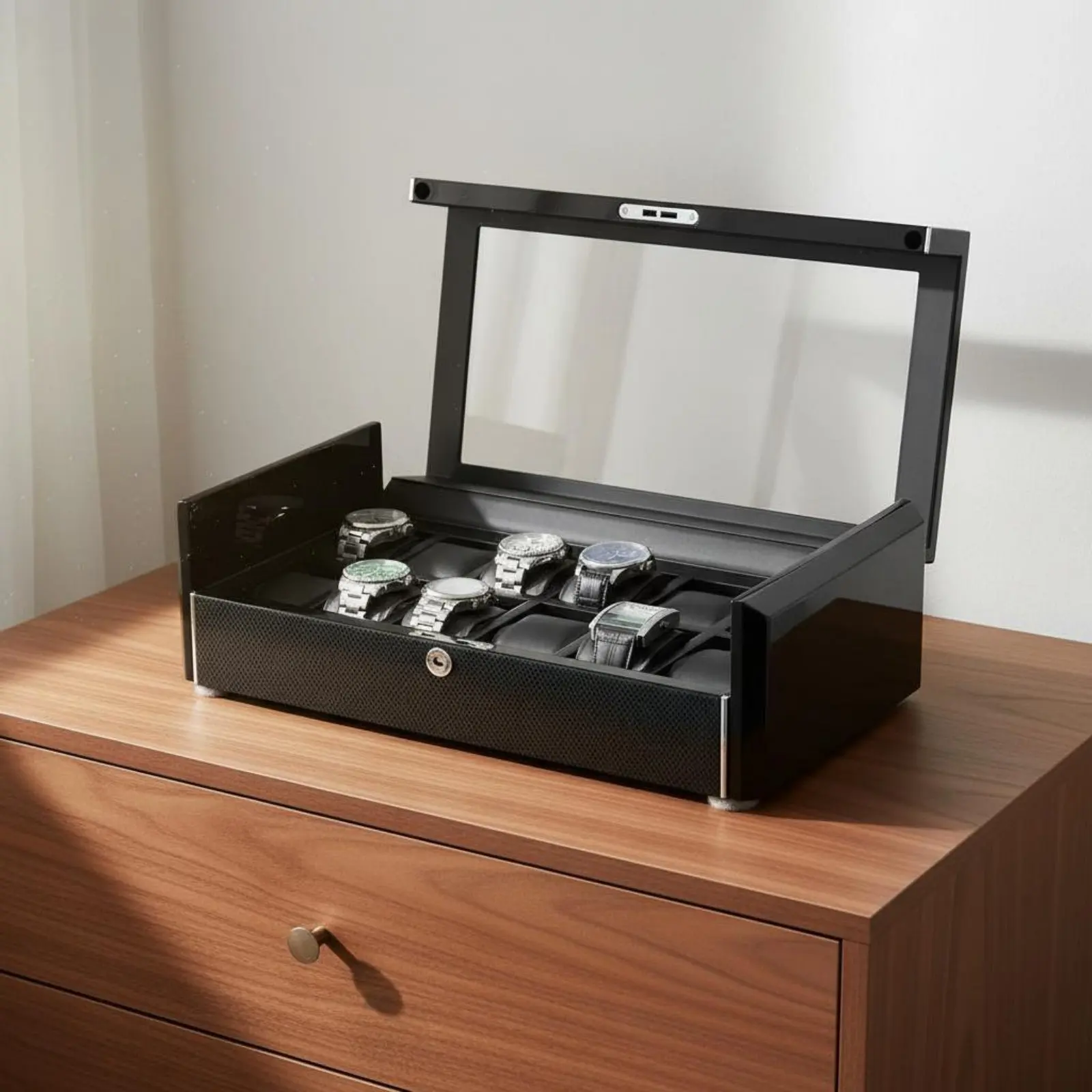 

Коробка для хранения часов, пыленепроницаемая, с прозрачной крышкой, для коллекции часов, с мягкими подушечками, с замком, для мужчин