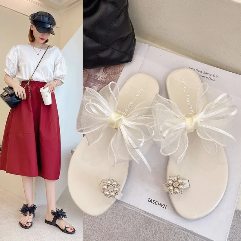 Summer Cute Bowtie Decorate Non-Slip Sandals Slipper Flats Mules Casual Fashion Female Flip Flops Mesh Beach Slides Pantuflas