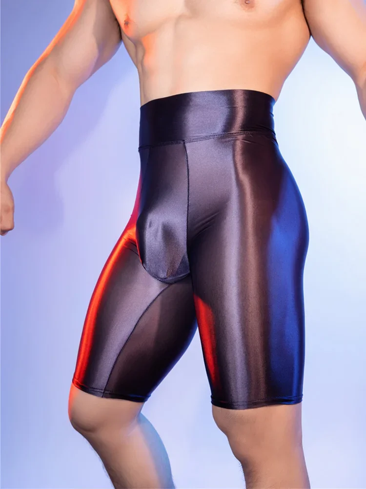 

Sexy Men High Waist Short Panties U Convex Bulge Pouch Boxer Oil Shiny Stain Smooth Breathable Sheer See Through Underwear