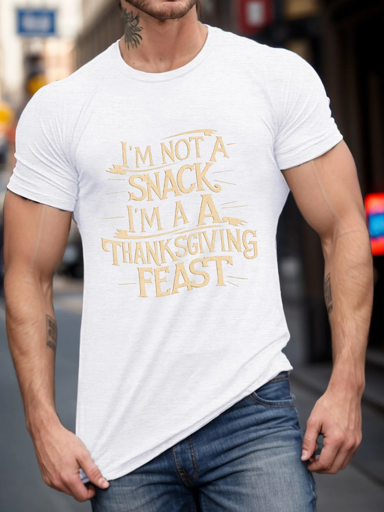 Men'S Plus Size Casual T-Shirt, Thanksgiving Feast Graphic Print, Crew Neck, Short Sleeve, Regular Fit, 100% Polyester Knit Fabr