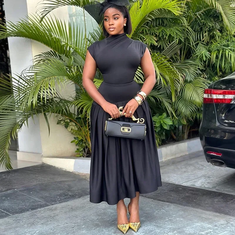 

CPSYMYM Two Piece Skirt Sets Casual Outfits Women Black Sleeveless Tops + Pleated Bodycon Skirts Suit Female Vocation Clothing