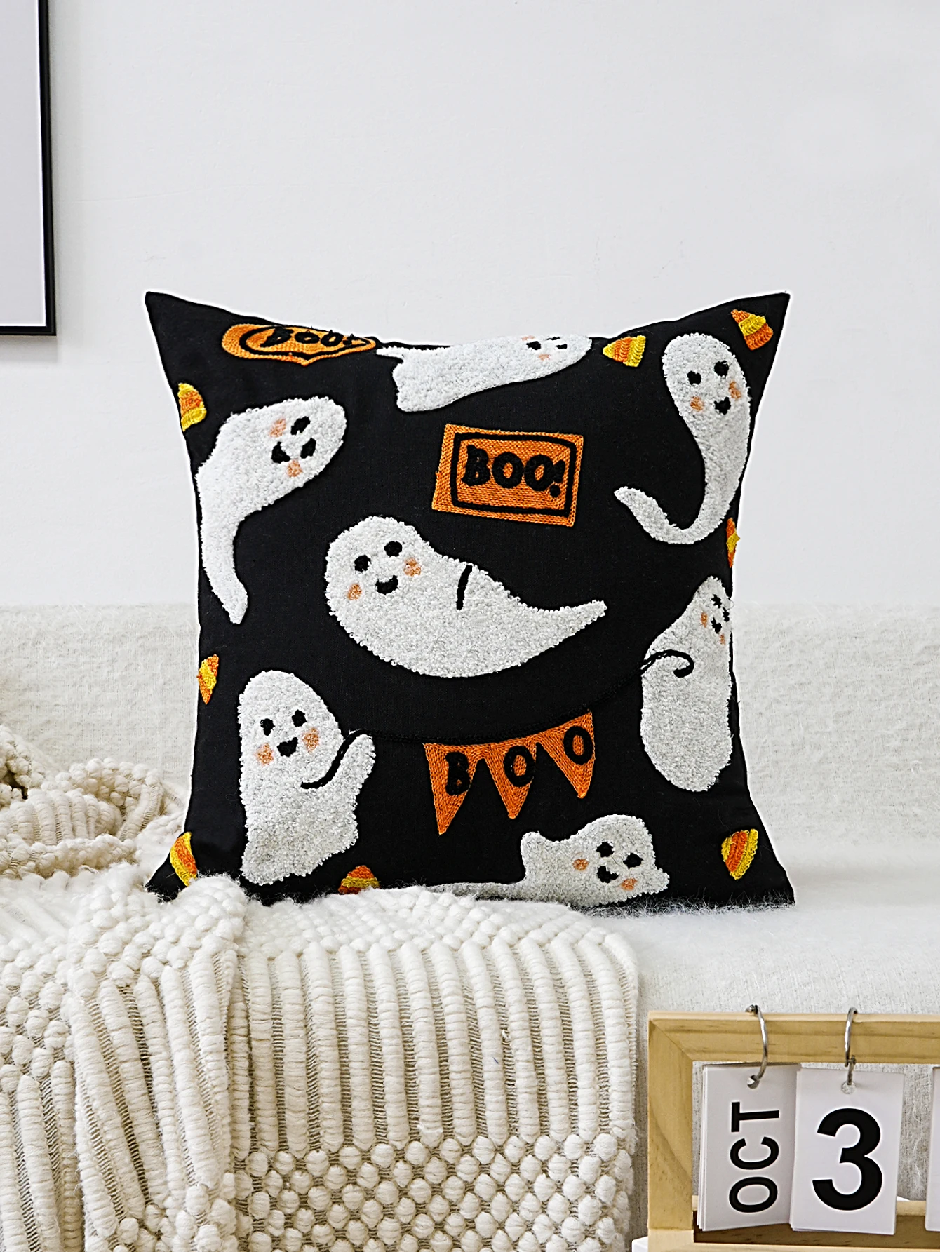 1pc Halloween squisito ricamo motivo fantasma cuscino federa, Multi-Room universale, non Include cuscino Core