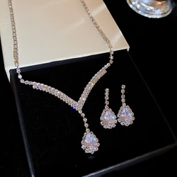 Fashion Luxury Wedding  Zircon Step Necklace Earring Set Women's Jewelry Necklace Tassel Earrings Bridal Gift Party