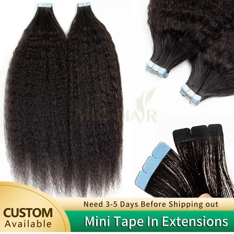 

MRSHAIR Mini Tape In Hair Extensions Human Hair Kinky Straight 3x0.8cm Weft Remy Hair Extensions Tape Extensions Black Women #1B