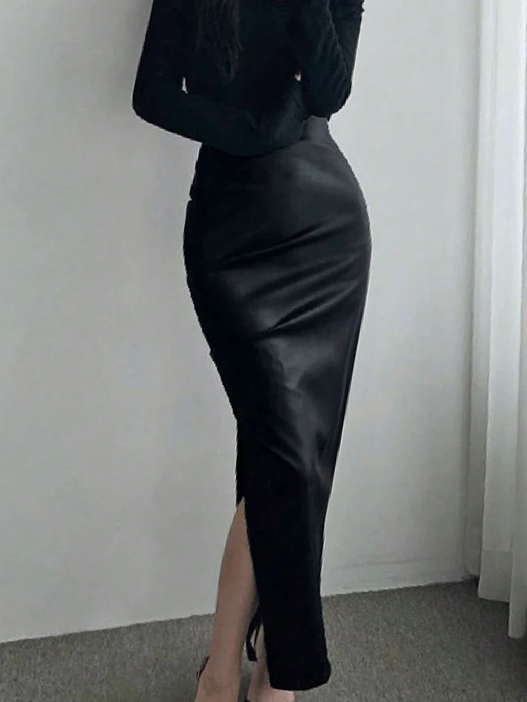 

GELITAYIN Women PU Skirt Summer New Black Sexy Split Maxi Skirt Streetwear Fashion Zippers Female Versatile Casual Slim Club Par