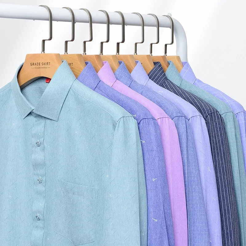 

Высококачественные мужские рубашки с принтом, осень-весна, с длинным рукавом, повседневная клетчатая полосатая деловая классическая рубашка обычного кроя, мягкая, легкая в уходе