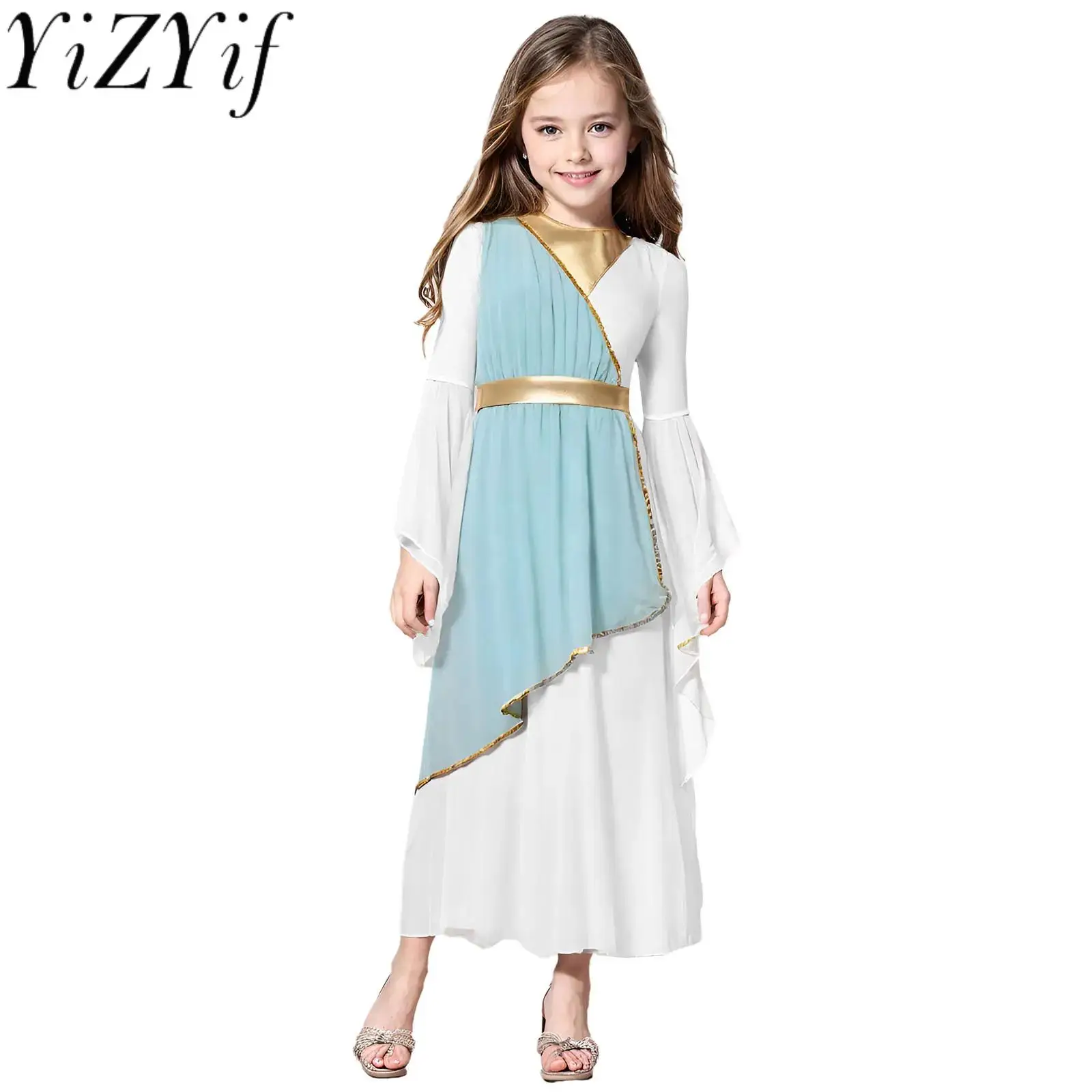 

Halloween Ancient Greek Princess Queen Cosplay Tunic Dress Long Sleeve Contrast Dress Party Role Play Performance Costume