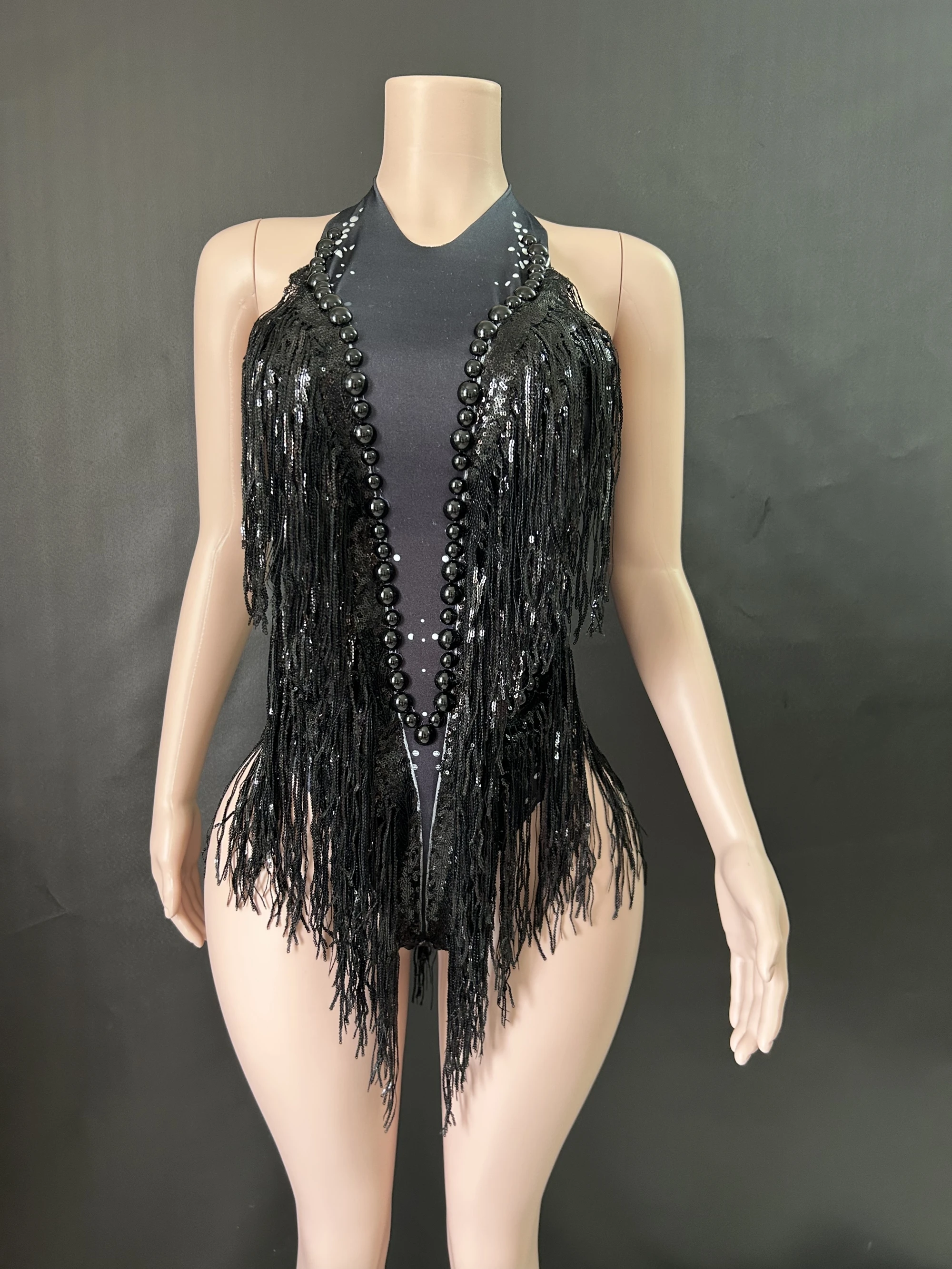 Sparkly Rhinestones Sequins Tassel LeotardWomen Nightclub Outfit Singer Dancer CostumeStage Wear Sexy Performance Bodysuit  7G