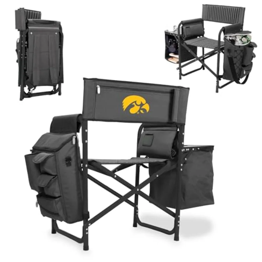 Beach chair for adults: NCAA Iowa Hawkeyes Fusion camping chair with side table and soft cooler, polyester fabric, navy and gol