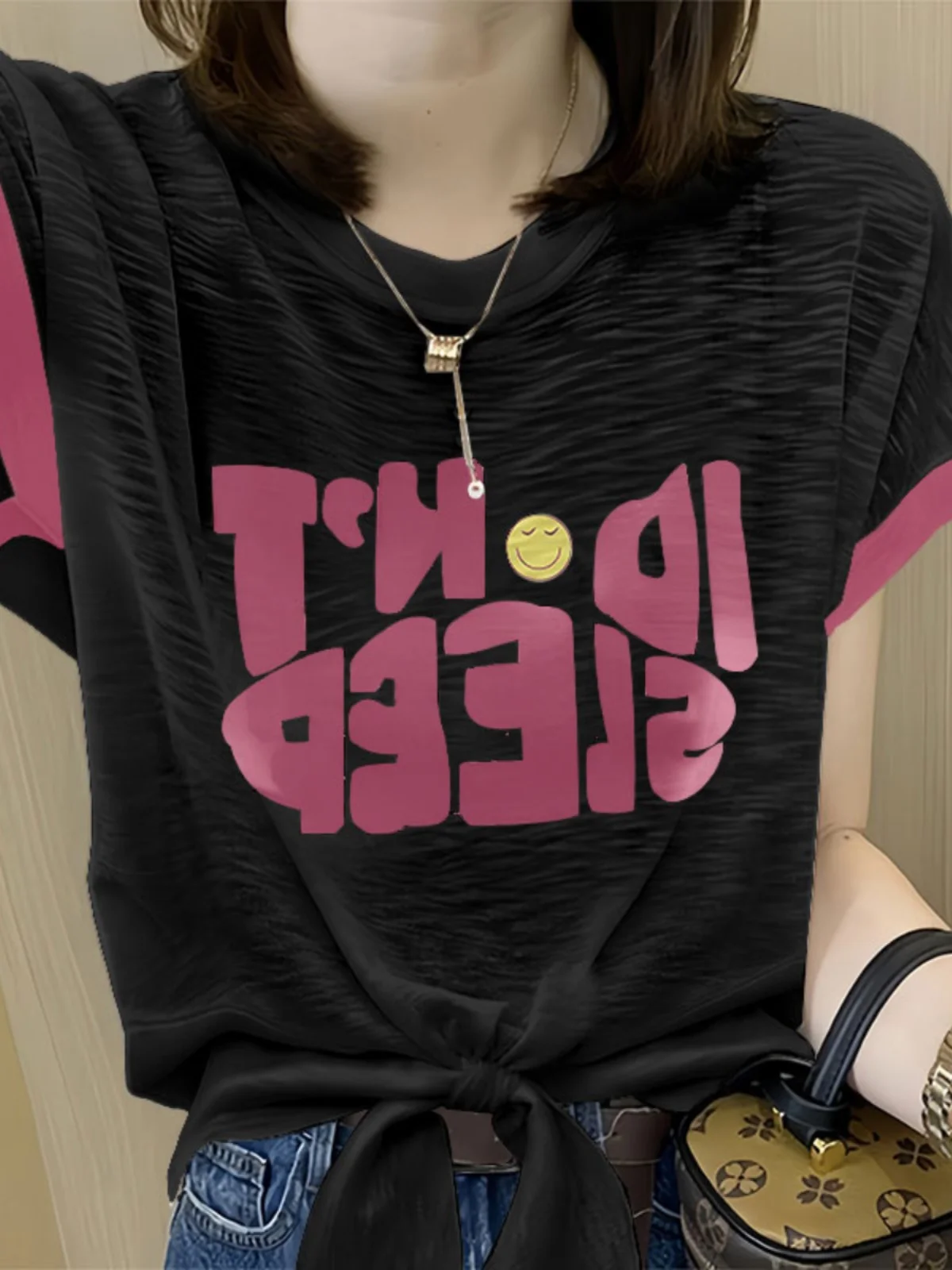 Trendy Letter Print Bamboo Cotton T-Shirt Short Sleeve Women's Summer Thin Style Korean Version Belt Design Top