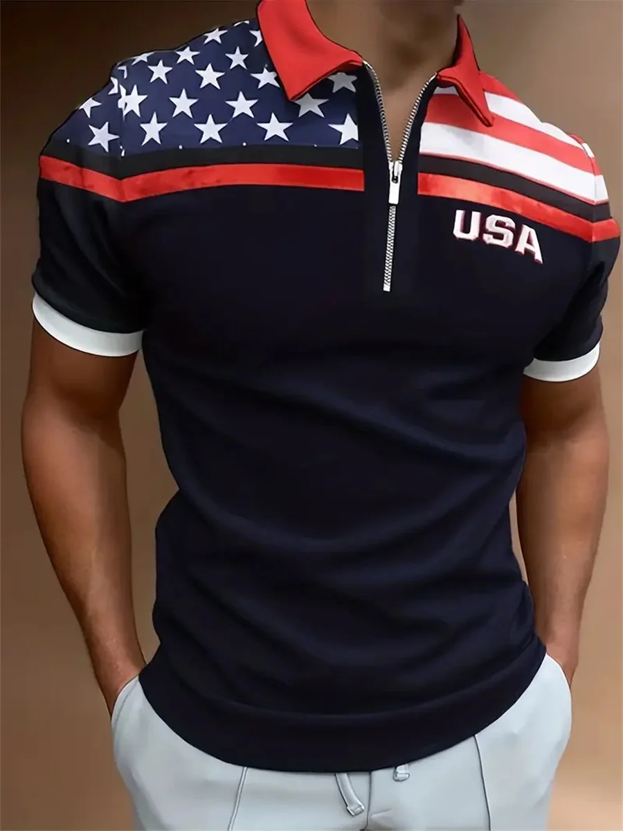 Summer American flag print patriotic men must-have breathable zip-up POLO shirt