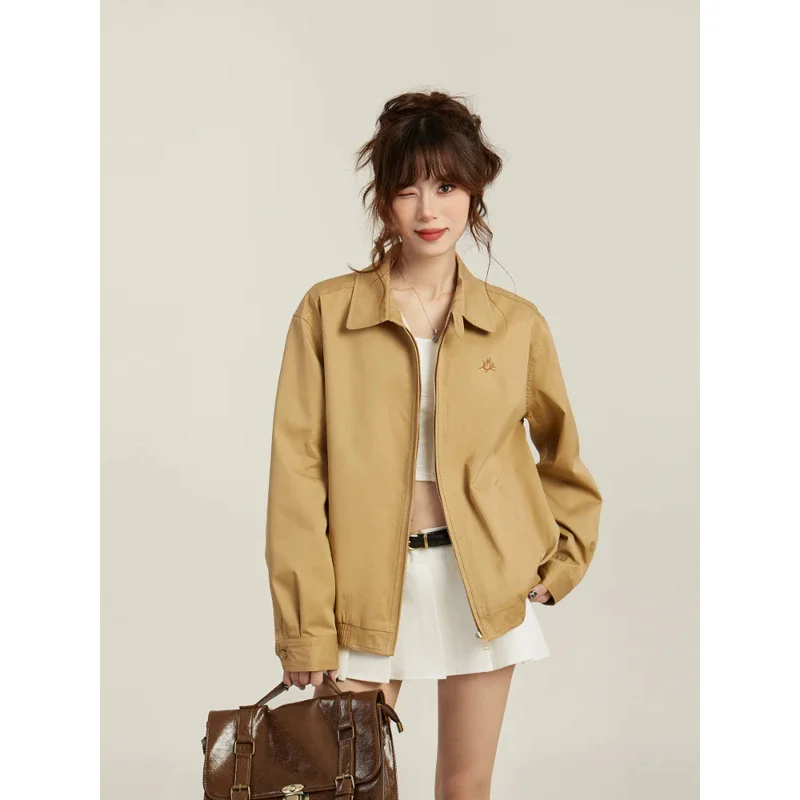 

Jacket Coat Women's American-Style Retro Zipper Yellow Letter Embroidered Spring and Autumn Thin Parka Casual Cardigan Fashion