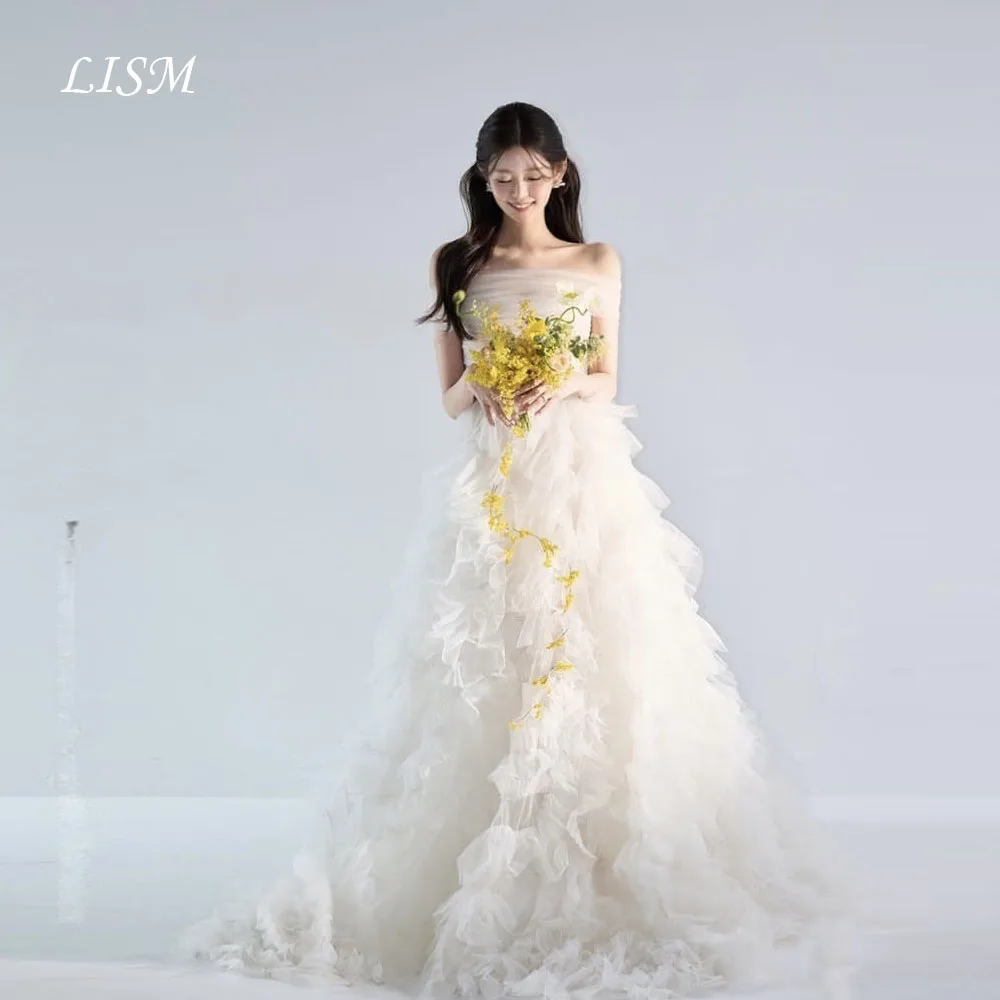 LISM Customized Off Shoulder A-Line Korea Wedding Dress Tiered Soft Tulle Photo Shoot Shiny Bridal Dress 웨딩드레스 Corsets Back
