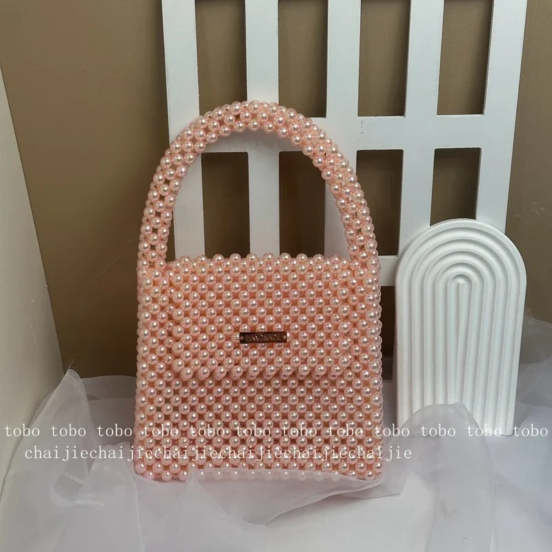 

INS Handmade Ville Pink Pearl Beaded Woven Top-handle Bag Luxury Brand Ladies Hand Bags Fairy Designer Luxury Versatile Purses