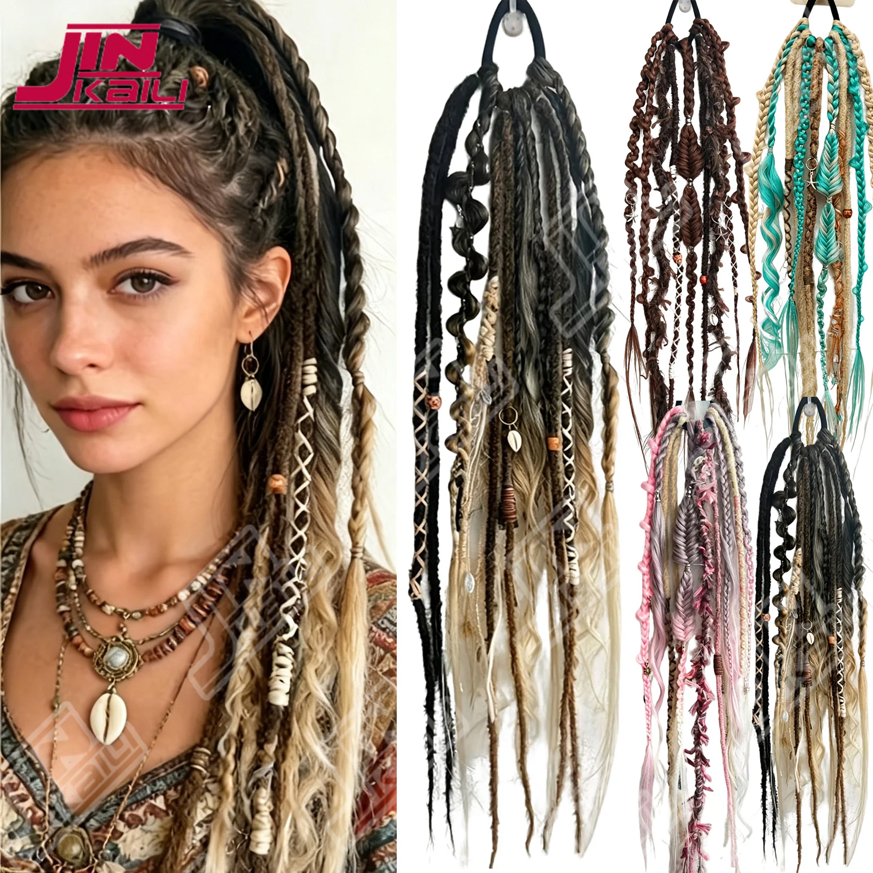 JKL Women's Braided Wigs Ponytail Boho with Hair Tie Braided Ponytail Extension DIY Dread Ponytail Extensions Elastic