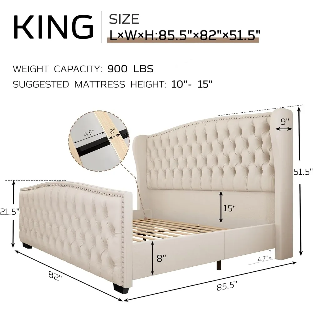 Kingsize Platform Bedframe Met Vleugelverdekkinghoofdeinde, Met Handgemaakte Knop Getuft En Nailhead, Fluwelen Gestoffeerd Bedframe