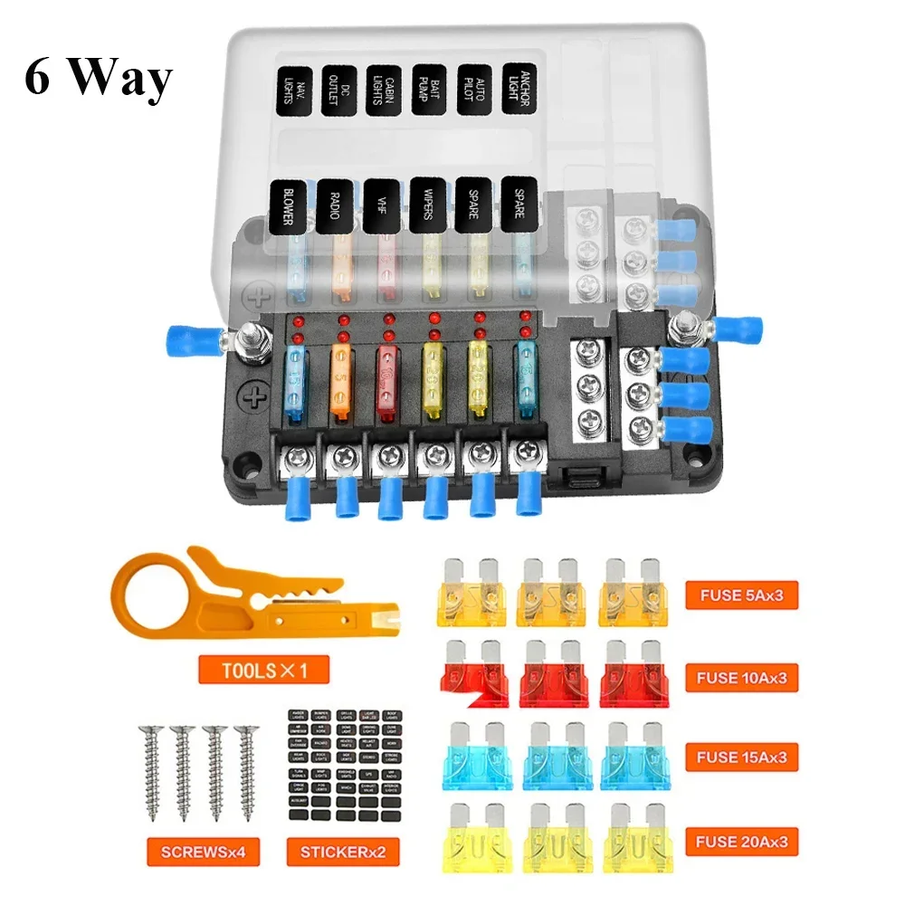 12 Way Fuse Box 12V/24V Car Truck Boat Marine Bus RV Van Blade Fuse Box Holder Block