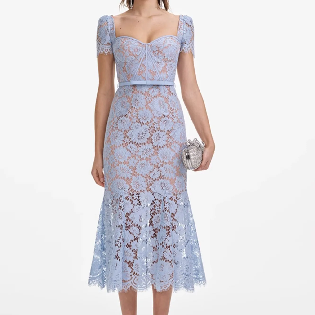 French Elegant Socialite Square Neck Short Sleeve Lace Hollowed Embroidery High Waist Belt Hip-wrapped Fishtail Long Dress Women