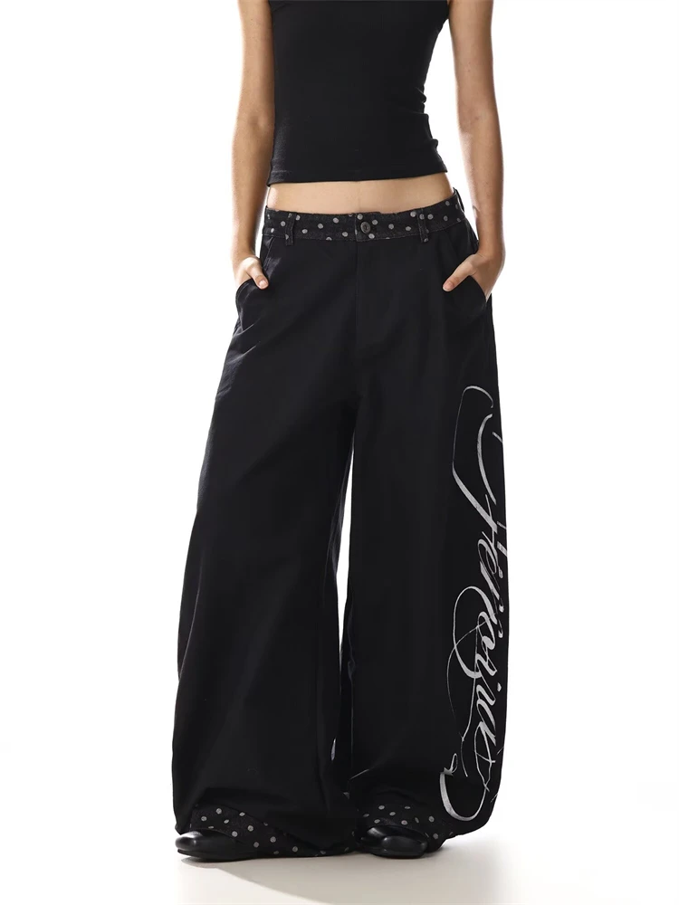 Women's Alphabet Print Pattern Wide Leg Sweatpants Hiphop Cool Girl Retro Street Bottoms Female High Waist Casual Black Pants