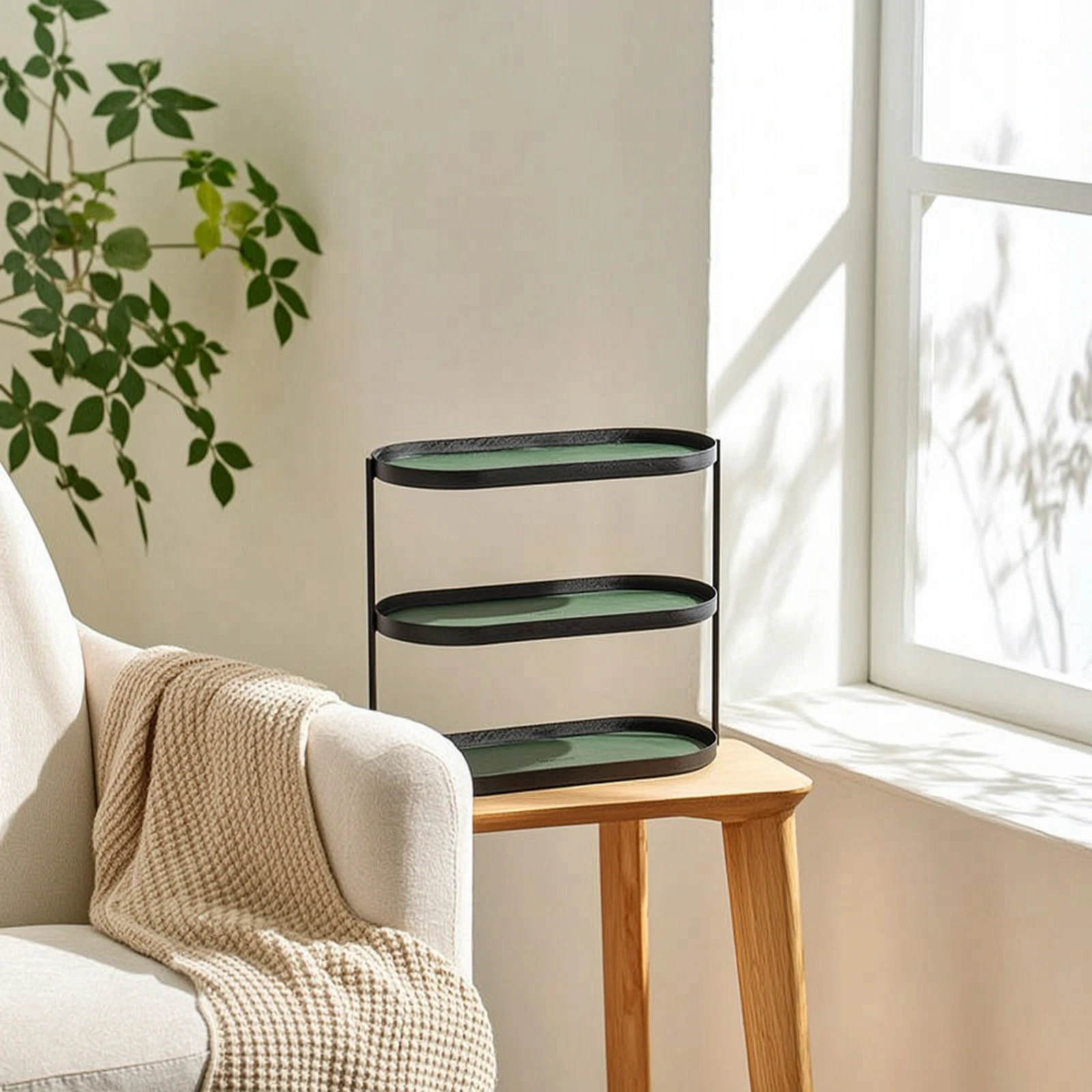 Oval Tabletop Rack with Leather Shelves Space-Saving 3-Tier Organizer with Leather Shelves Countertop Organizer Shelf Modern