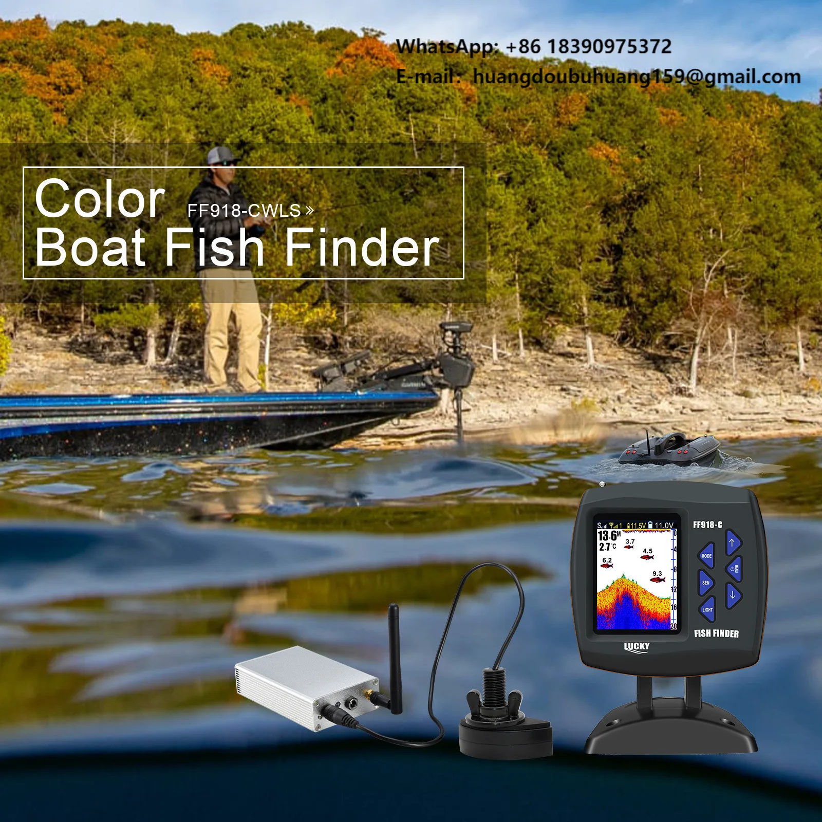 

LUCKY Wireless Fish Fder Boat Fishing Large Color LED Screen 183m Remote Bait Battery Powered Made in China