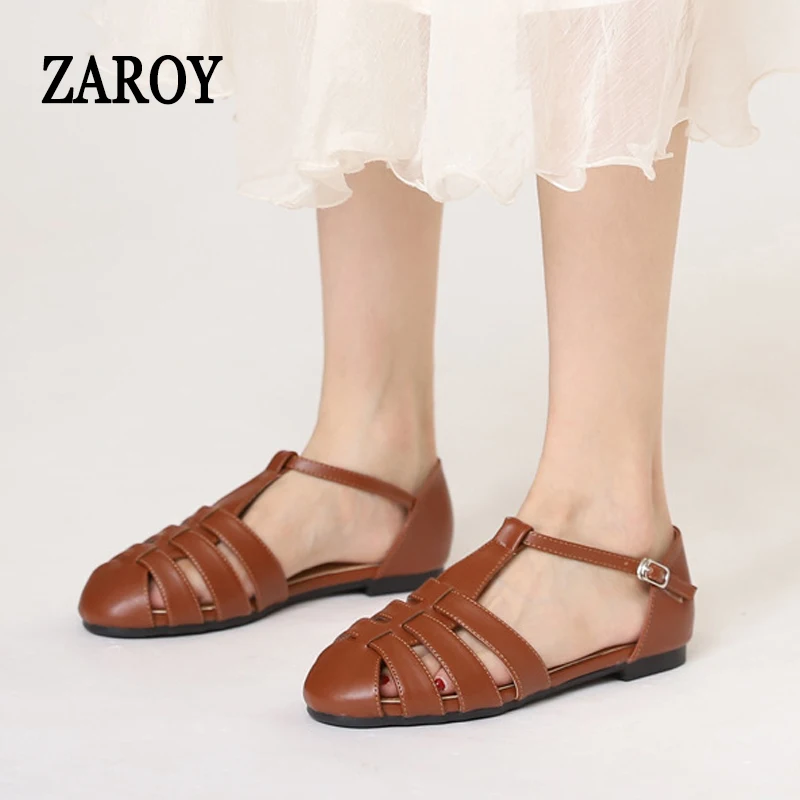 ZAROY Big Size 44 Flats Gladiator Sandals Women PU Leather Ankle Buckle Hollow Roman Sandals Casual Daily Flat Sandalias сан - Image 5