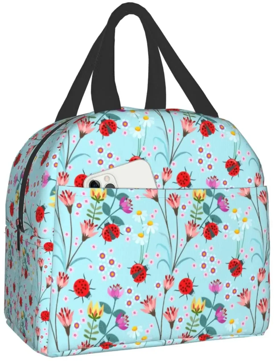 Lady bug with flower Lunch Box Bento Box Insulated Lunch Boxes Reusable Waterproof Lunch Bag With Front Pocket For Office Picnic