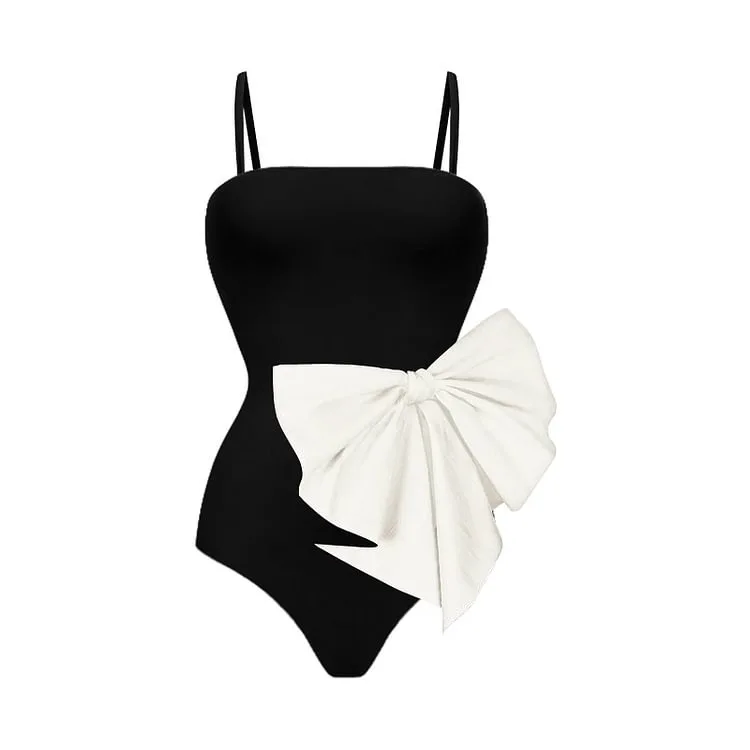 One Piece Swimsuit For Women One-piece Swimsuit Bow Decoration Sweet Girl Black And White Contrasting Swimsuit