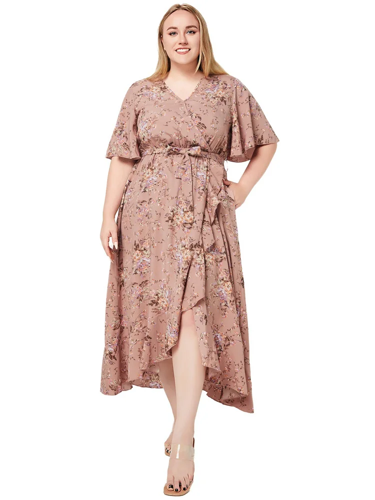 GIBSIE Plus Size V Neck Butterfly Sleeve Ruffle Hem Dress 2024 Summer Women's Floral Print Vacation Casual Pocket Long Dresses