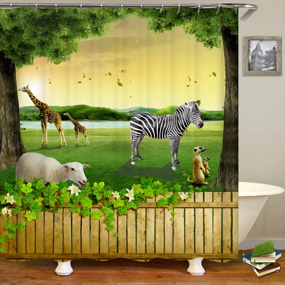 3D forest animal zebra giraffe printed shower curtain with hook bathroom waterproof polyester bath curtain home decoration