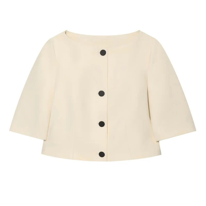 Women's Off-Shoulder Short Jacket - 3/4 Sleeve Cropped Blazer with Contrast Buttons, 2026 Summer
