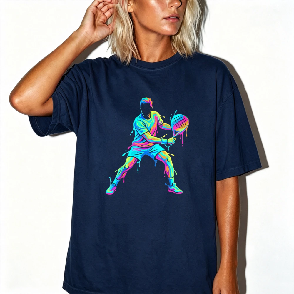 Colorful Neon Padel Tennis Player Splash Art Graphic T-Shirt Women Tennis Sport Vibrant Gradient Print Crewneck Athletic Tees