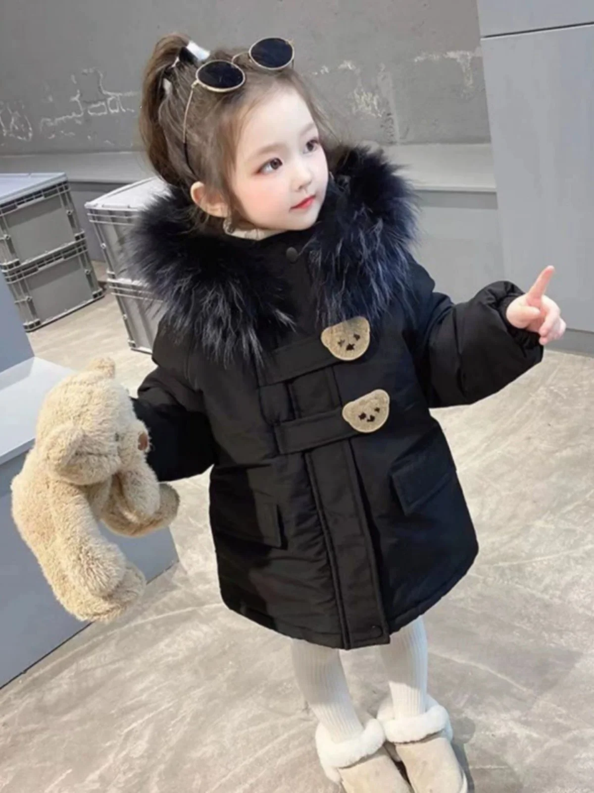 

Вязаное пуховое хлопковое пальто для девочек, зимнее пальто с большим меховым воротником, милая одежда для девочек, средняя длинная застежка-молния