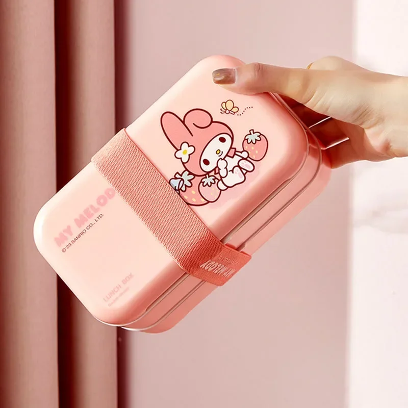 Sanrio Kawaii Hello Kitty Lunch Box Cinnamoroll Cartoon Students Large Capacity Double Decked Lunch Box Microwave Oven Heatable