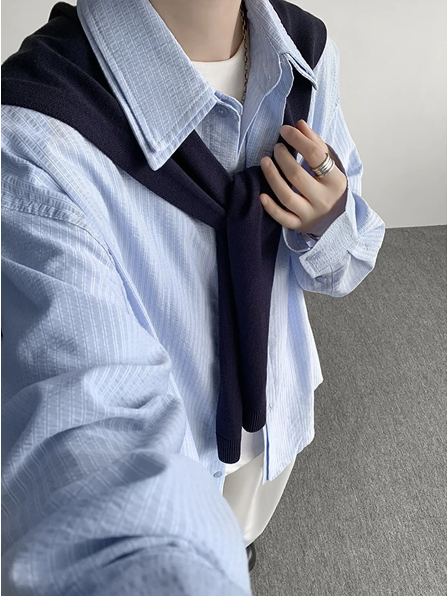 Casual Knitted Long Sleeve Men's Shirt Fake Two-Piece Blue Striped Jacket College Style Autumn Design Loose Fit Youth Fashion
