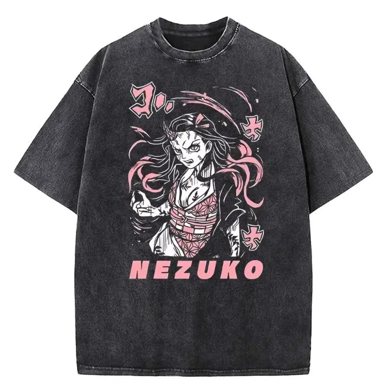 Heavy Anime Demon Slayer Blade Washed T-shirt for Men and Women, Retro Short Sleeve, Summer New Casual Top