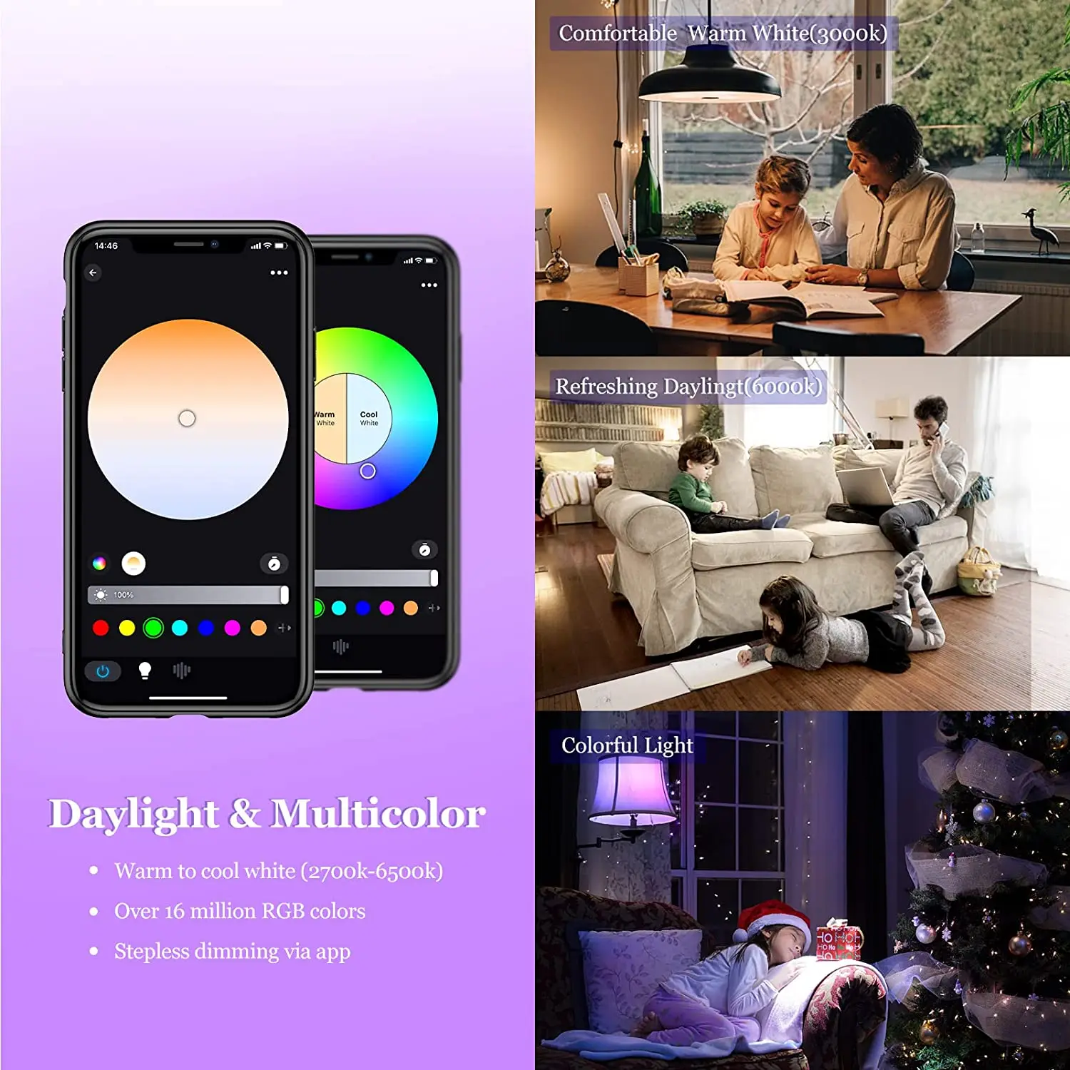 Smart Light Bulb Works with Alexa Google Home, WiFi & Bluetooth 5.0 APP Control, A19 E26 Color Changing LED Light Bulb, Dimmable