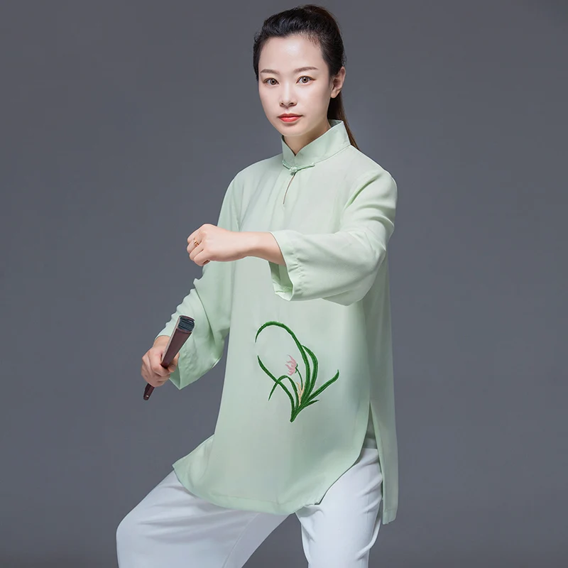 Women's New Summer Embroidered Chinese Style Casual Tai Chi Suit 3/4 Sleeve Starlight Linen for Qigong Martial Arts Practice