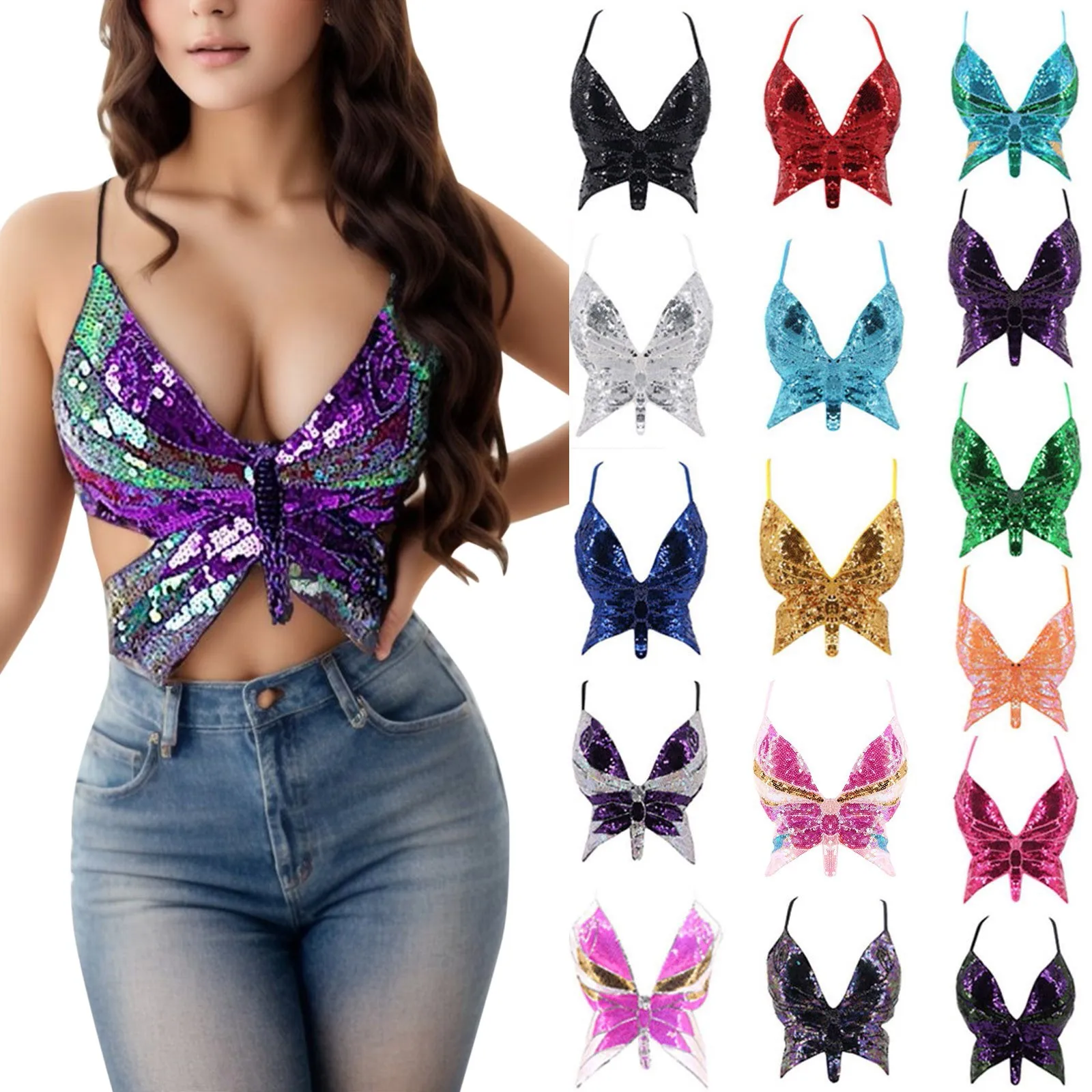 Fashionable Sequin Butterfly Suspender Vest Performance Costume Dance Performance Costume Sequin Bra Costume For Women 2024